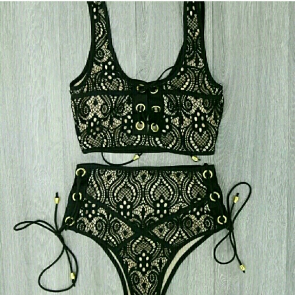 Lace up bikini high waist black two peice - BLACK - Picture 4 of 5